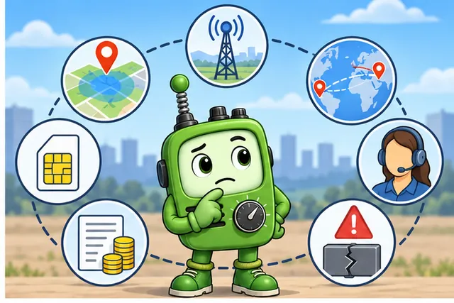 Cartoon panel 2 illustrates this step: Coverage, service plans, roaming, and support can all limit it.