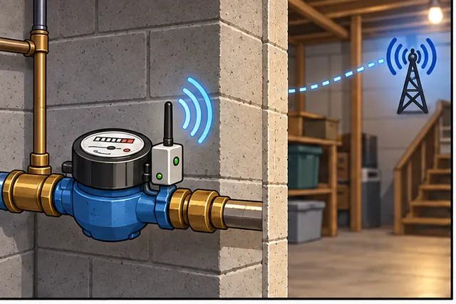 Cartoon panel 1 illustrates this step: A basement water meter sends one small reading each day.