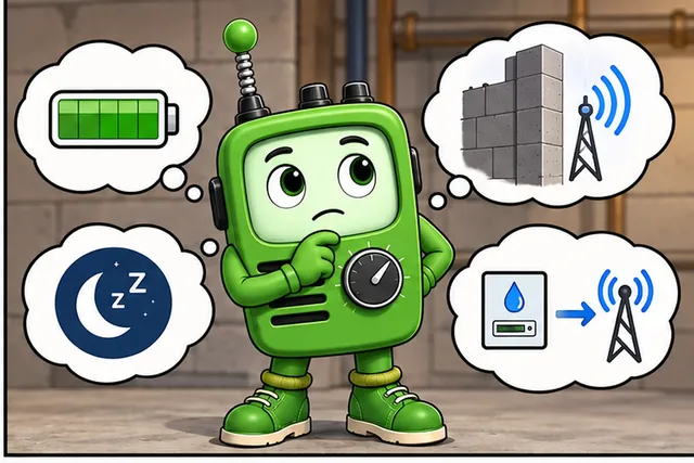 Cartoon panel 2 illustrates this step: Thick walls weaken its link, while retries drain its battery.