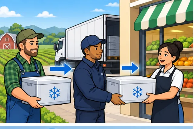 Cartoon panel 1 illustrates this step: A cold shipment passes from a farm to a carrier and a shop.