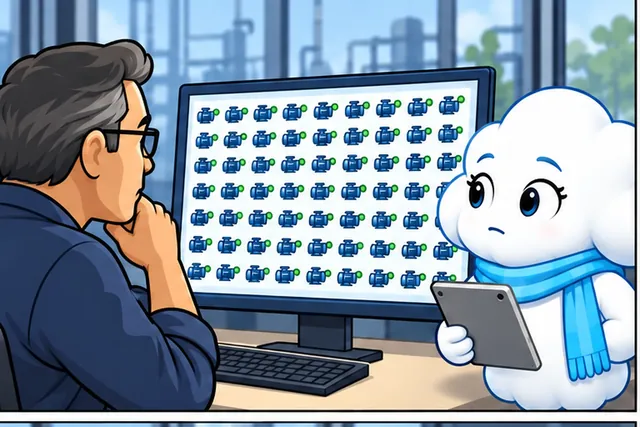 Cartoon panel 1 illustrates this step: An operator sends new software to one hundred pumps.