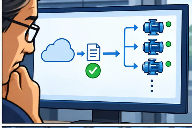 Cartoon panel 2 illustrates this step: A sent job does not prove that every pump runs the new code.