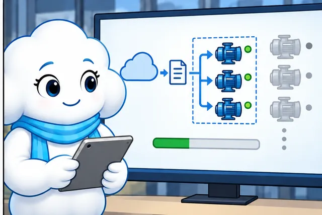 A cloud character holds a tablet beside a monitor showing a document routed to three blue pumps with green status lights. A faded column of pumps to the right has gray status marks, and a partial progress bar sits below the illustrated rollout.