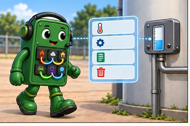 Cartoon panel 1 illustrates this step: A caretaker reads a tank level and changes its alarm limit.