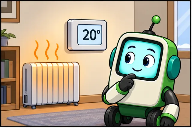 Cartoon panel 1 illustrates this step: A heater must hold a room at twenty degrees.