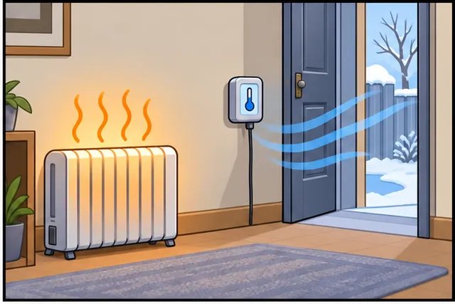 Cartoon panel 2 illustrates this step: A sensor by an open door may call a warm room cold.