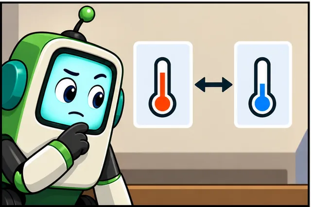 Cartoon panel shows a worried robot looking at a red thermometer and a blue thermometer with a two-way arrow between them. The illustration compares temperatures but contains no heater, delay, or test labels.