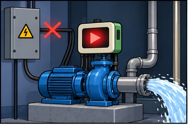 Cartoon panel 1 illustrates this step: A pump restarts after a power cut with an unsafe command.