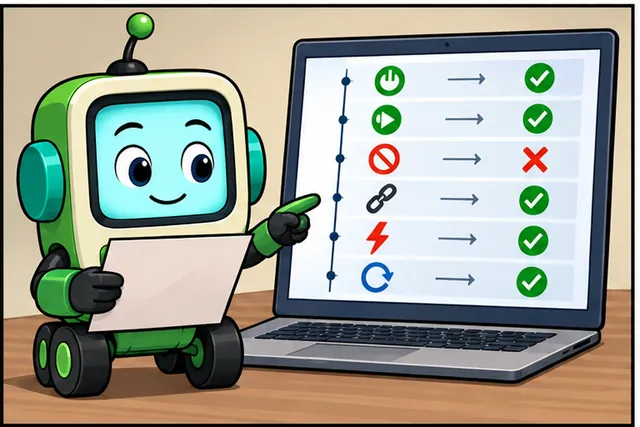 Cartoon panel 3 illustrates this step: Record each start state, event, guard, output, save, and next state.