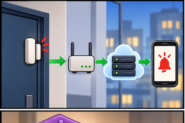 Cartoon panel 1 illustrates this step: A door alarm travels through a building bridge to a phone.