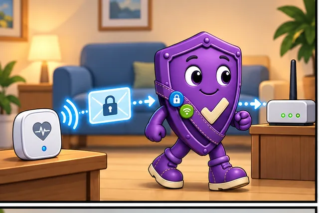 Illustrated scene: A health sensor sends a private reading through a home bridge.