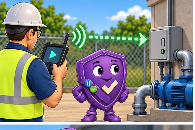 Illustrated scene: A field controller sends a private command to a water pump.