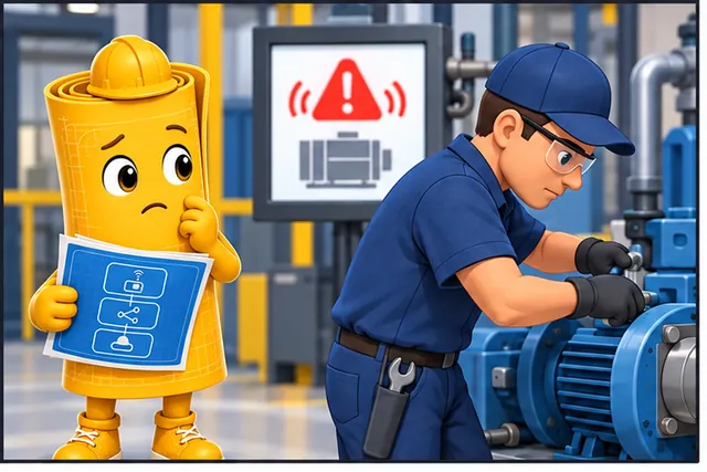 Illustrated scene: A technician ignores a smart alert during the wrong task.