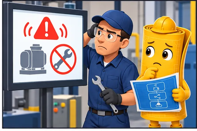 A technician holding a wrench studies a screen with a red warning triangle, a motor icon, and a crossed-out wrench. A yellow hard-hat character beside him looks worried while holding a blue process diagram.