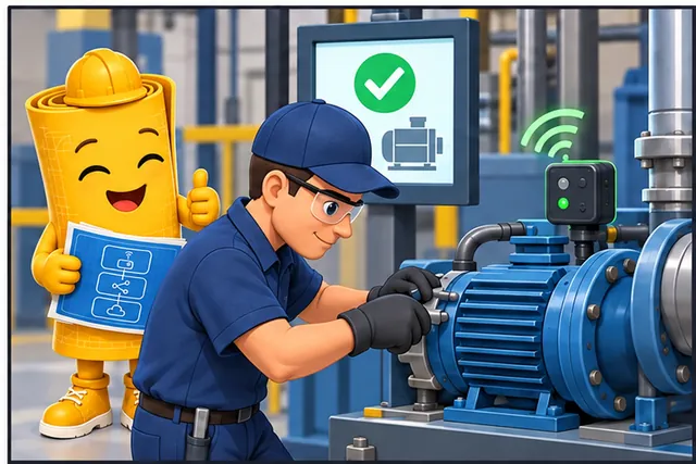 A technician works on a blue industrial motor while a yellow hard-hat character watches with a process diagram. A nearby screen shows a green checkmark and motor icon, and a small wireless device sits above the motor.