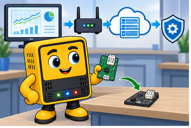 Cartoon panel 1 illustrates this step: A team replaces one sensor board without changing the service.