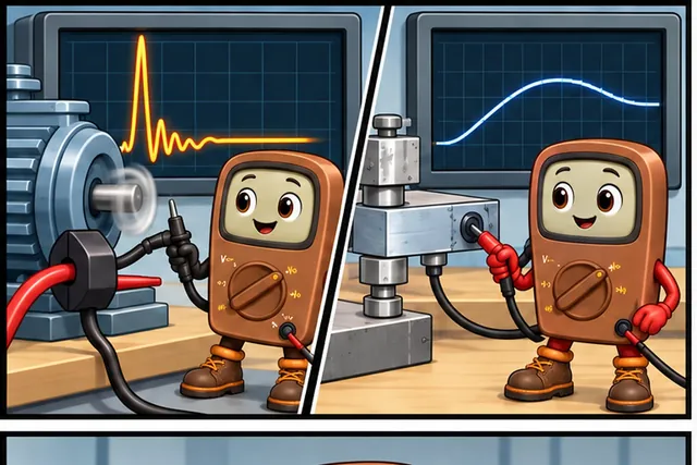 Illustrated scene: One converter sees a fast motor pulse and another sees slow strain.