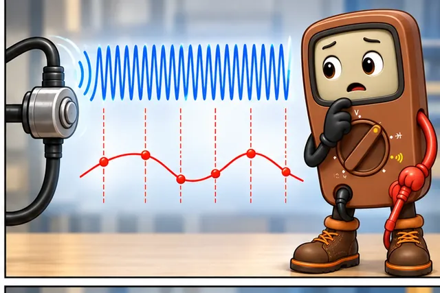 Illustrated scene: Fast electrical buzz can look like a false slow wave after sampling.