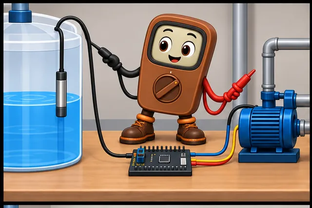 Cartoon panel 1 illustrates this step: A tank sensor sends a changing voltage to a pump controller.