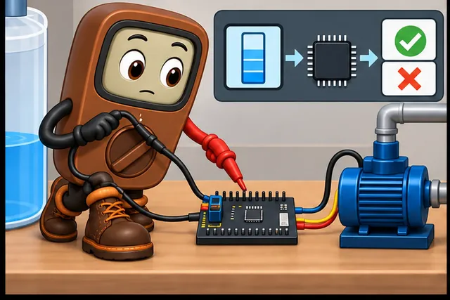 A multimeter character probes a small circuit board wired to a blue motor. A panel above shows a battery icon feeding a chip and then green check and red cross outcomes; no named fault tests are visible.