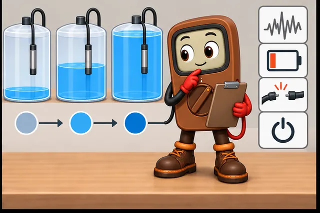 Cartoon panel 4 illustrates this step: Stop the pump safely when the reading cannot be trusted.