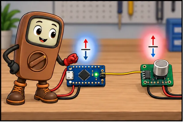 Cartoon panel 1 illustrates this step: A 3.3-volt controller reads a 5-volt sensor board.