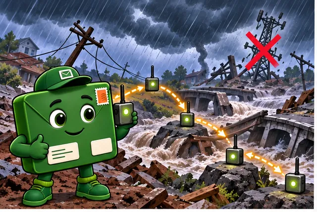 Illustrated scene: Rescue sensors must pass reports after a storm removes the fixed network.