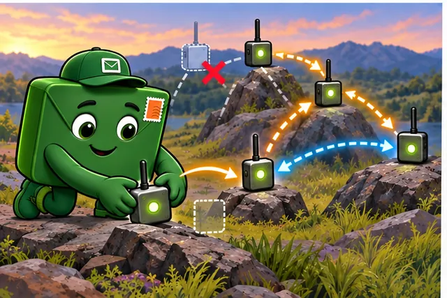 Illustrated scene: Move a relay, remove a neighbor, and trace one marked report and reply.