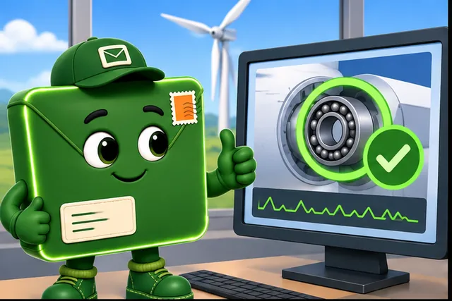 Illustrated scene: A screen shows a wind turbine bearing as healthy.