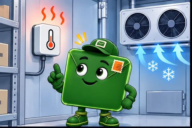 Illustrated scene: A cold-room sensor sees heat and the cooling unit must respond.