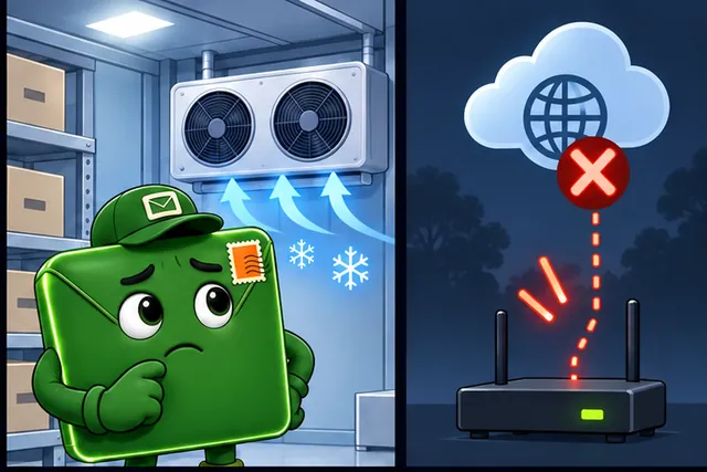 Illustrated scene: The wider network may fail while the room still needs cooling.