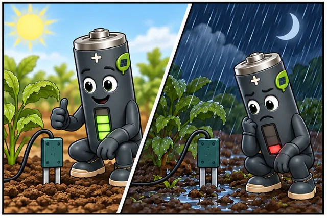 Illustrated scene: A soil sensor lasts months in a sheet but dies after wet, weak-signal nights.
