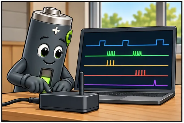 Illustrated scene: Measure sleep, sensing, sending, retry, and alarm cycles on the real device.