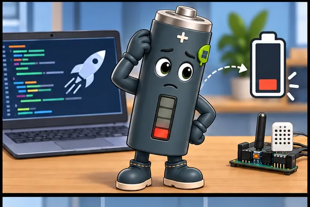 Illustrated scene: A battery sensor still dies early after its code was made faster.