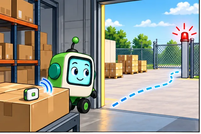 Illustrated scene: A shipment tag must report indoors, cross a yard, and raise an exit alarm.