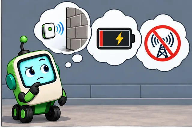 Illustrated scene: Short reach, high power, or an outage can rule out a wireless path.