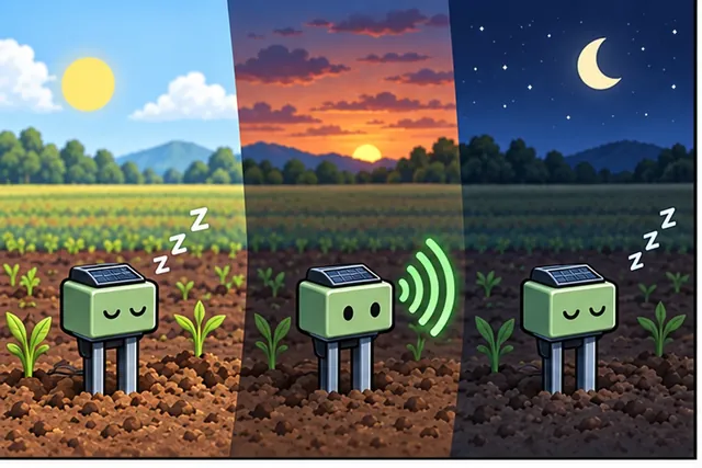 Cartoon panel 1 illustrates this step: A soil sensor sleeps most of the day and sends a few numbers.