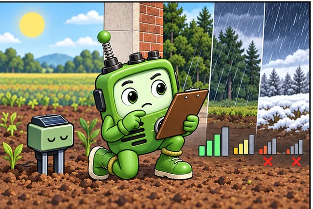 Cartoon panel 3 illustrates this step: Test data size, delay, missed reports, site, retries, and power.