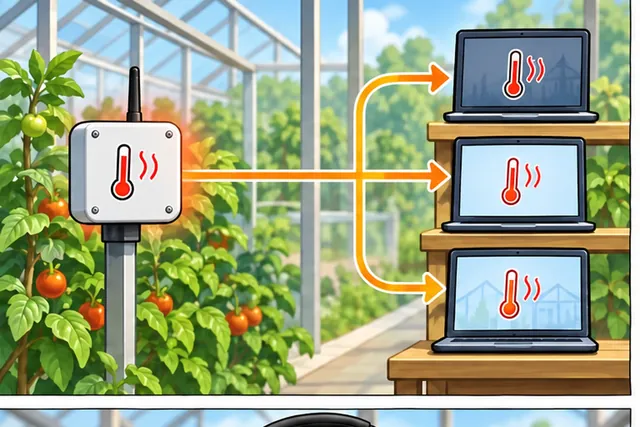 Cartoon panel 1 illustrates this step: One greenhouse warning must reach three different screens.