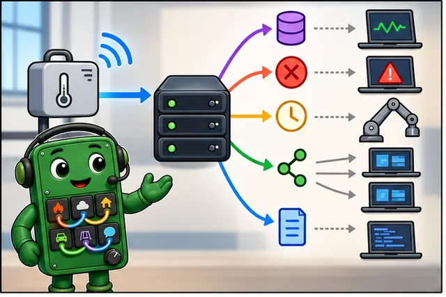 Cartoon panel 1 illustrates this step: One sensor message may ask the broker to remember extra state.