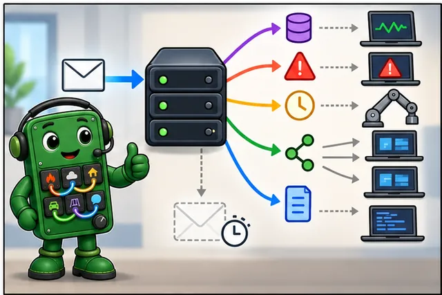 Cartoon panel 4 illustrates this step: Turn on only the broker behavior that the message needs.