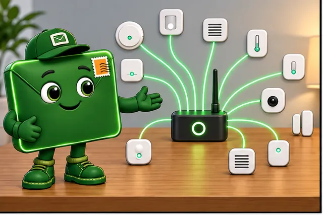 Illustrated scene: Twelve room sensors send records through one powered hub.
