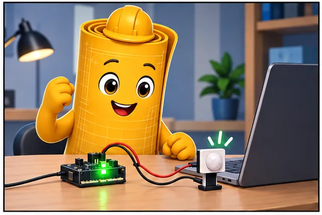 Illustrated scene: A copied sensor example works once on a desk.