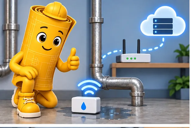 Illustrated scene: A leak monitor sends one good message over the wireless network.
