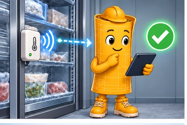 Illustrated scene: One freezer reading travels from sensor hardware to a food-safety decision.