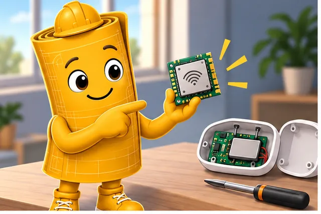 Illustrated scene: A home monitor uses a radio part that already carries an approval mark.