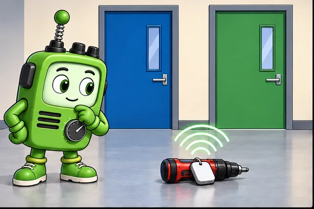 Illustrated scene: A tagged tool sits near two doors and the system must choose the right one.