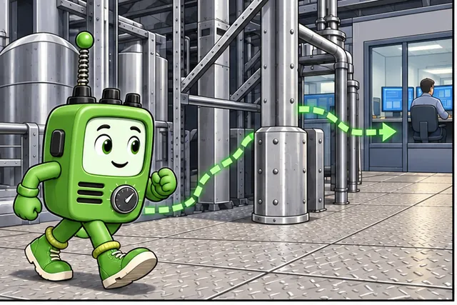 Illustrated scene: A pressure unit must reach the control room past factory metal.