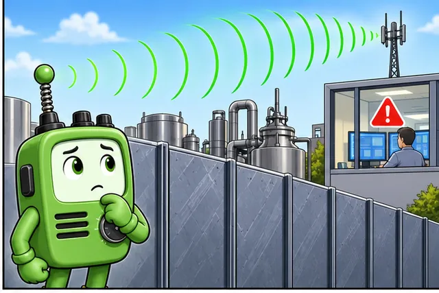 Illustrated scene: Long radio reach alone cannot promise that a warning arrives on time.