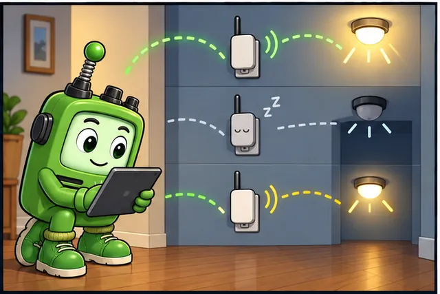 Illustrated scene: Test the normal path, one lost helper, and a device at the coverage edge.